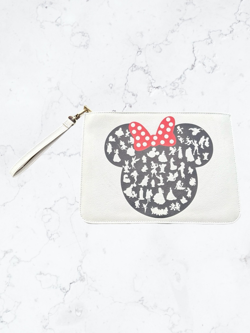 Disney White Wristlet Clutch with Black Minnie Silhouette and Red Polka Dot Bow